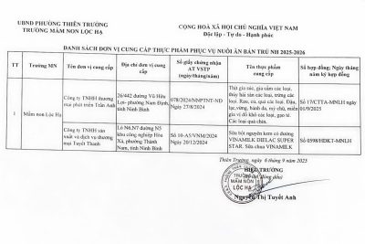 CÔNG KHAI ĐƠN VỊ CUNG CẤP THỰC PHẨM NUÔI ĂN BÁN TRÚ NĂM HỌC 2025-2026